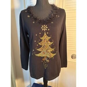 JACK BE QUICK Faux Fur Feather Christmas Tree Gold Sequin Embellished Sweater